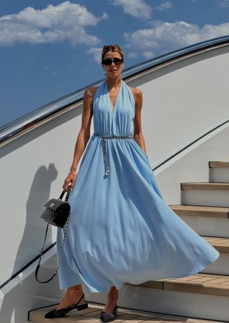 Vestido Longo Frente Única Com Amarração Costas Azul Bebê Zen Oficial Martha Graeff