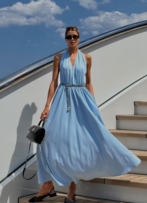 Vestido Longo Frente Única Com Amarração Costas Azul Bebê Zen Oficial Martha Graeff