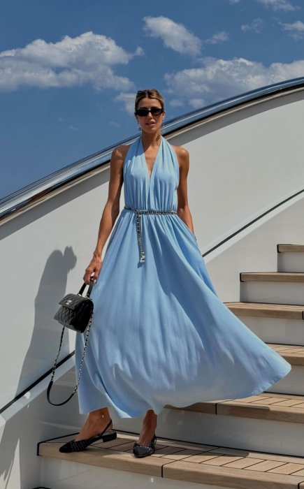 Vestido Longo Frente Única Com Amarração Costas Azul Bebê Zen Oficial Martha Graeff